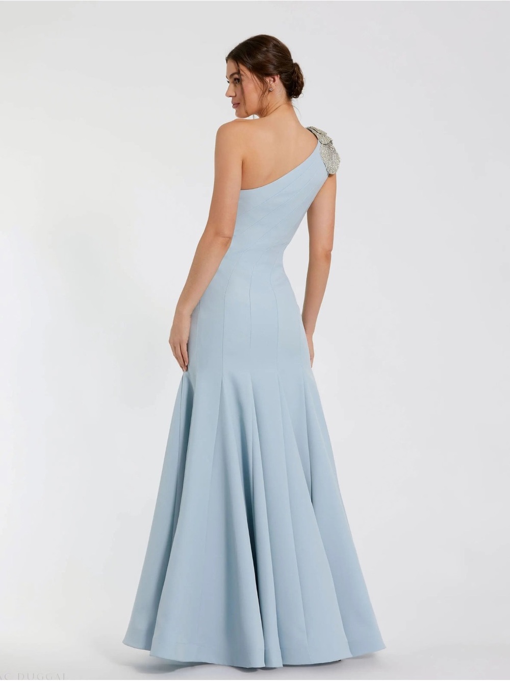 Mac Duggal 11810 Blue Crepe One Shoulder Gown With Crystal Flower Size 6 NWT - Picture 3 of 11